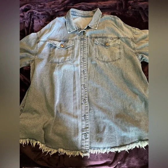 Denim Button-Up Shirt with Frayed Hem - Picture 1 of 12